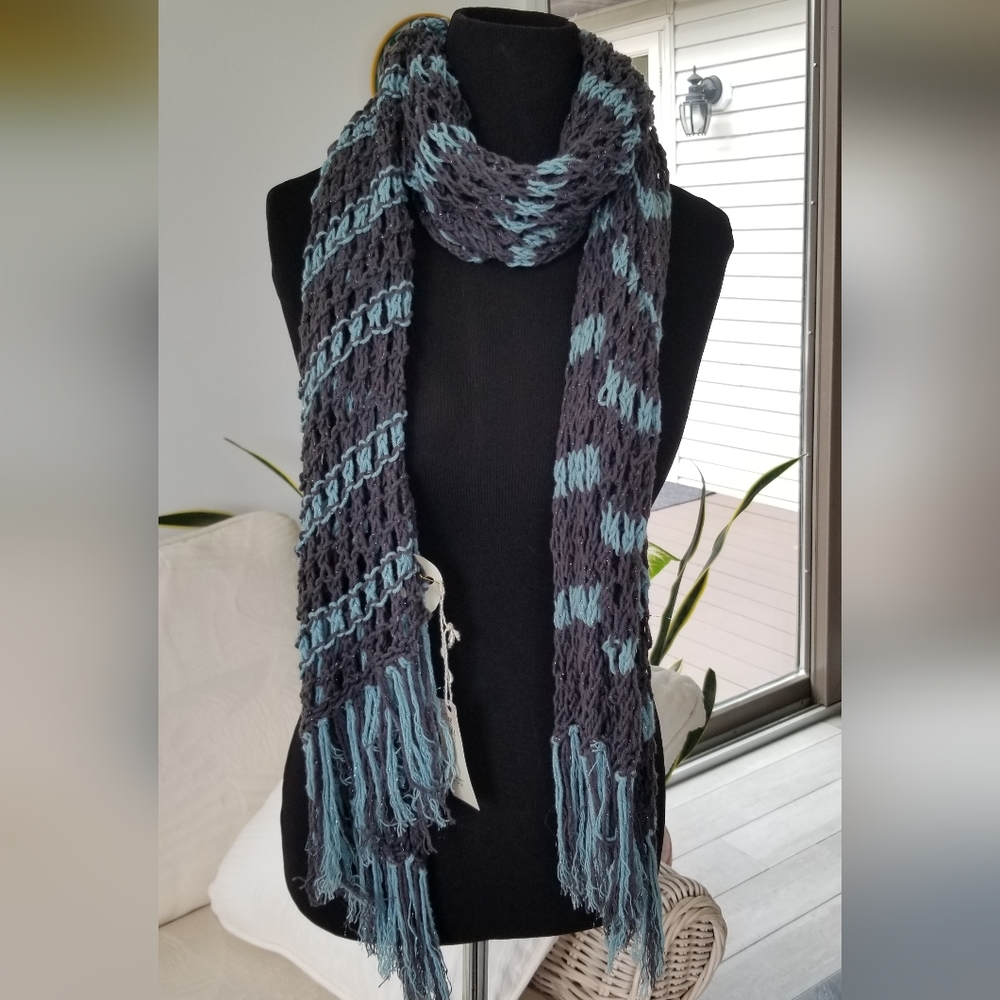 Gray and blue stripped long hand knit sparkling scarf with long fringe